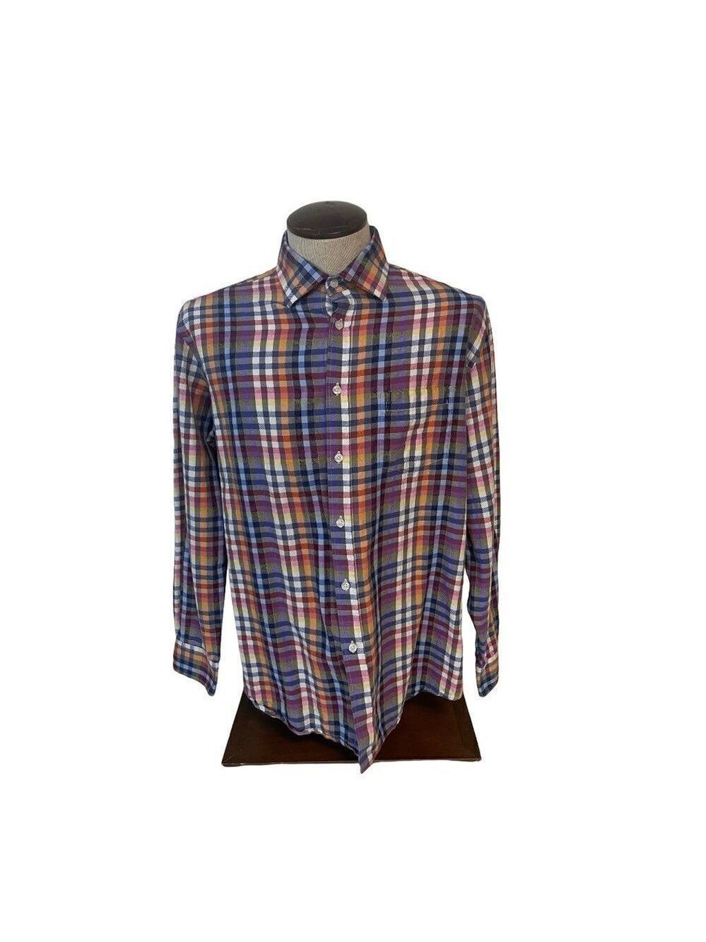 Southern Pines Men's Gray Purple Orange Plaid Cotton Shirt Large